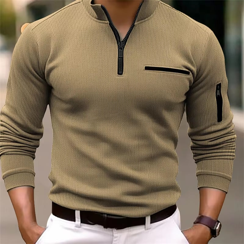 New Light Luxury Light Mature Casual Men Sports Retro Style Striped Zipper Arm Fashion Men Outdoor Long Sleeve POLO Shirt