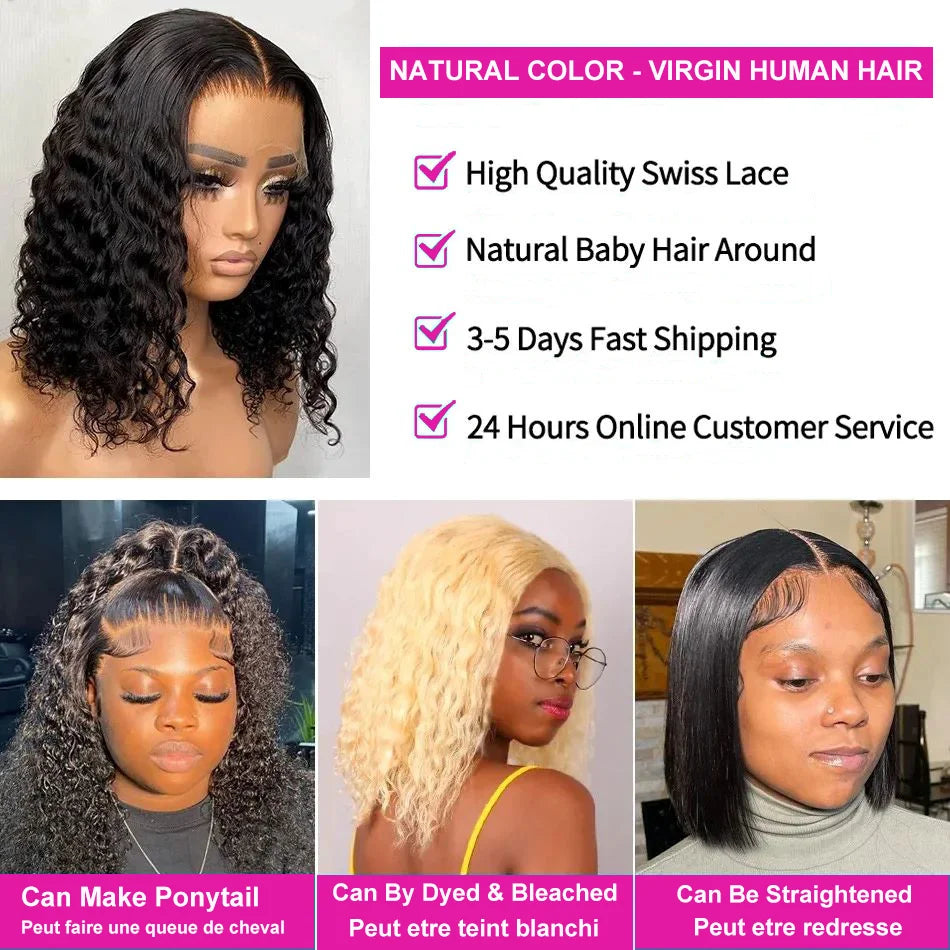 13x4 Short Curly Bob Wig Wet And Wavy Deep Wave Wig 200 Density Malaysian Lace Front Human Hair Wigs For Women 4x4 Closure Wig