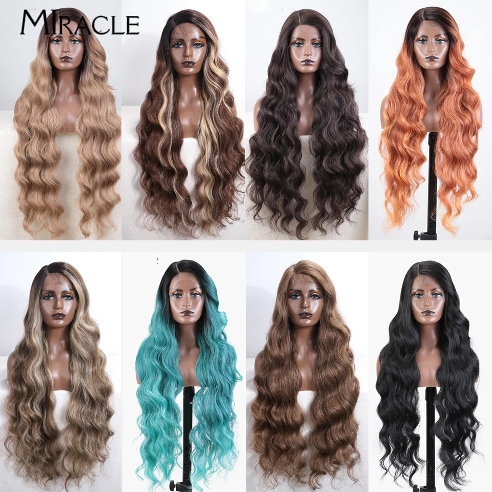 MIRACLE Deep Loose Wave Synthetic Wig for Women 36 Inch Wavy Lace Front Wigs Ginger Blue Blonde Wigs Side Part Cosplay Wig