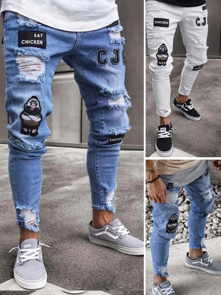 Mens Stretchy Ripped Skinny Embroidered Jeans Men's White Pants Destroyed Hole Slim Fit Denim High Quality Hip Hop Men trousers