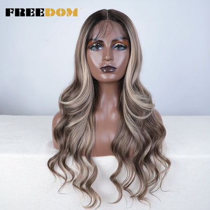 FREEDOM Synthetic Lace Front Wigs For Women  26“ Highlight Honey Brown Body Wave Wig Ombre Blonde Lace Wig Synthetic Cosplay Wig