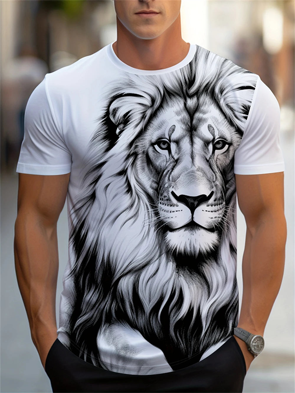 Mens Lion Print Short Sleeve Crew Neck T-Shirt Soft Breathable Casual Wear Outdoor Activities Summer Essential Clothing Tshirts