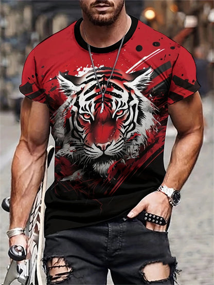 Mens Lion Print Short Sleeve Crew Neck T-Shirt Soft Breathable Casual Wear Outdoor Activities Summer Essential Clothing Tshirts