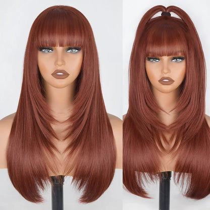 Straight Layered Cut Wigs For Black Women 3X1 HD Lace Synthetic Layered Wigs with Bangs Natural Black Straight Glueless Wigs