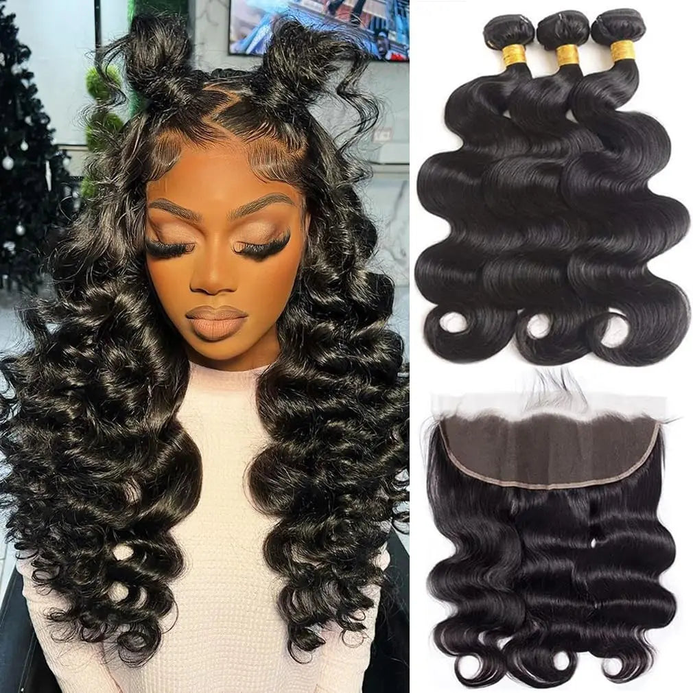 Brazilian Body Wave Bundles with 13x4 Lace Closure Real Human Hair Closure with 3 Bundles Weave Virgin Hair Natural Black Color