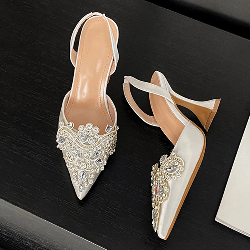 Liyke Spring Summer Fashion Crystal Rhinestone Women Pumps Sexy Pointed Toe Red High Heels Party Wedding Prom Shoe Sandal Female