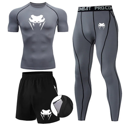 Men Compression Set MMA Long or Short Sleeve T-shirt Men's Tight Pants Fitness Bodybuilding Clothes Rashguard Sports Suits