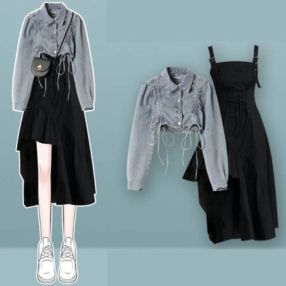 Women's 2024 Autumn/winter New Dress Matching Set Korean Elegant Vintage Short Denim Jacket+irregular Strap Skirt Two-piece Suit