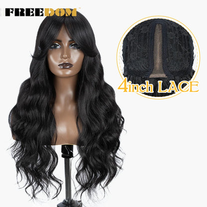 FREEDOM Synthetic Lace Wigs For Black Women Super Long Body Wavy Side Part Lace Wig Brown Ombre Blue Cosplay Wigs Heat Resistant