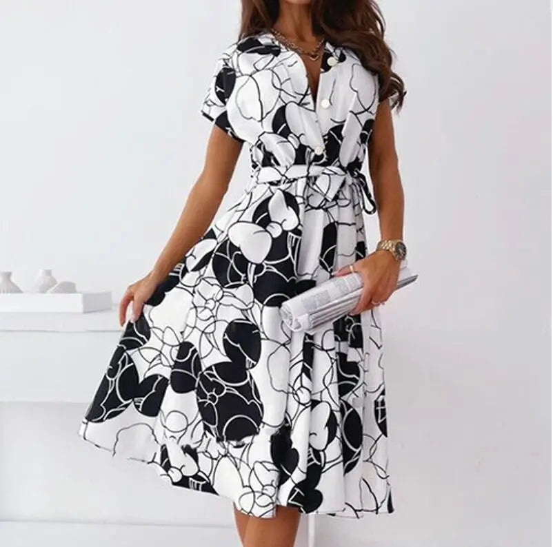 Summer Women Shirt Lace-Up Belt Dresses 2022 Vintage Pattern Print A-Line Midi Dress Sexy V Neck Button Short Sleeve Party Dress