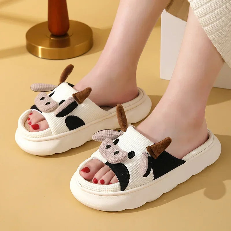 Four Seasons Universal Indoor Home Cotton Linen Sandals Cute Cartoon Cow Linen Slippers Non-slip