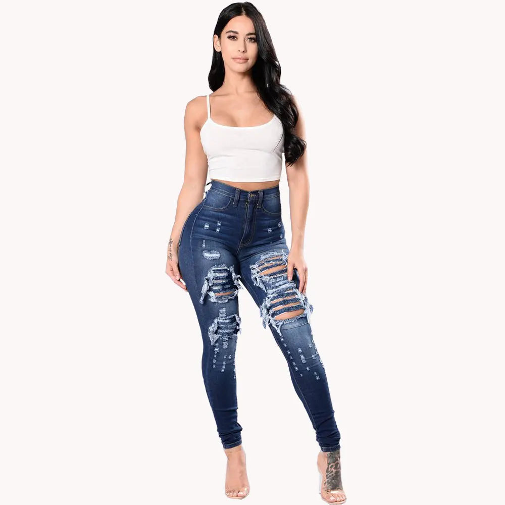 2023 Autumn High Waist Ripped Jeans for Women Fashion Stretch Skinny Denim Pencil Pants Casual Slim Trousers S-3XL