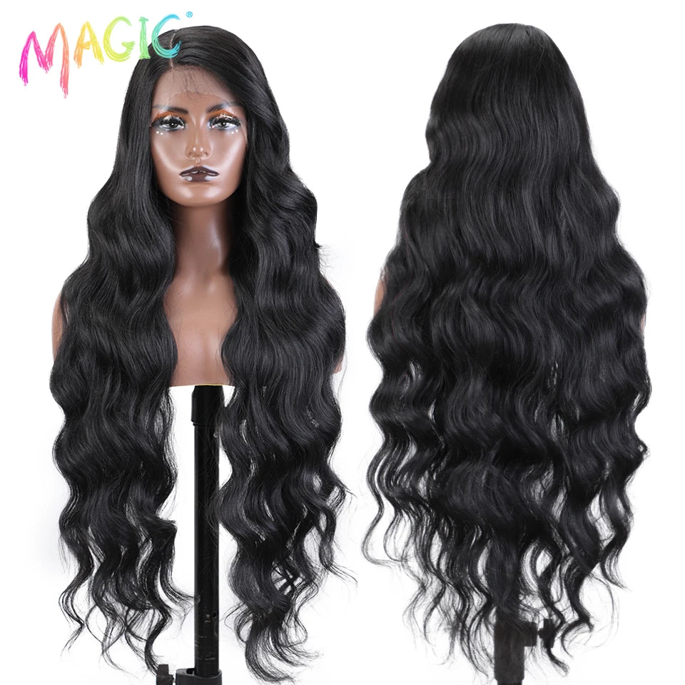 Magic Synthetic Lace Front Wig Long Wavy 36 Inch Cosplay Body Wavy Side Part Lace Wig For Women Lace Front Wig Ombre Blonde  Wig