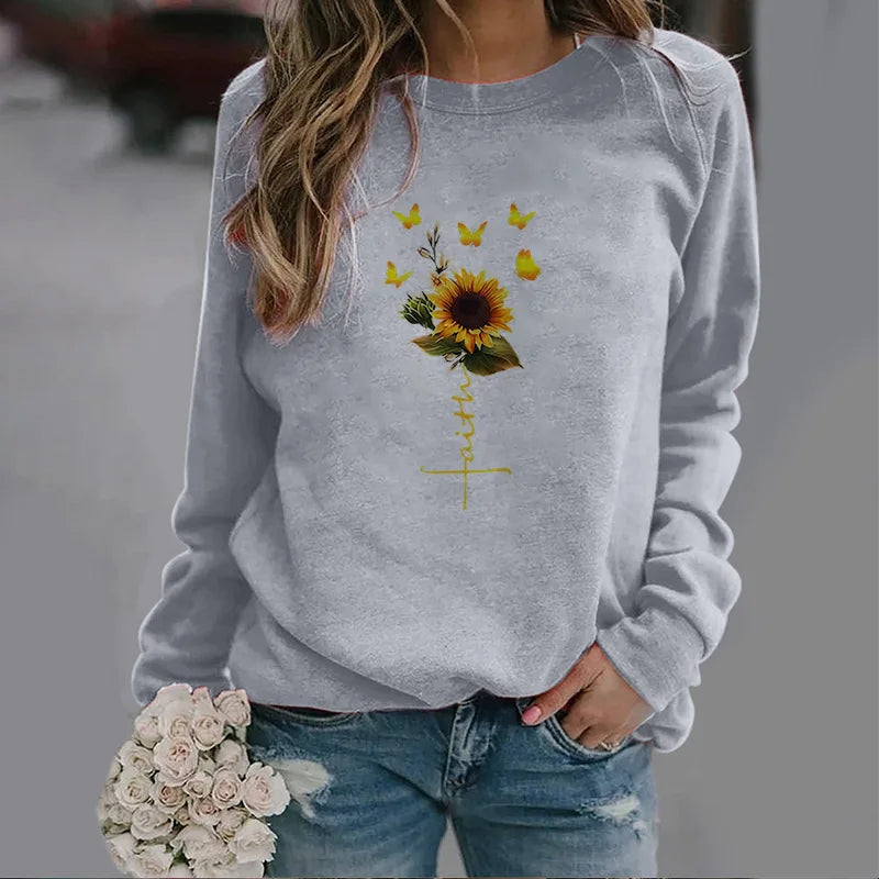 Fashion Sunflower Butterfly Trend Crew-neck Hoodie Autumn Printed Blazer Streetwear Streetwear Women  Sweatshirt Clothes