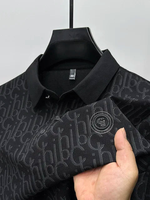 Summer New High-end Silk Short Sleeved Polo Shirt for Men's Luxurious Embossed Casual Fashion Comfortable Breathable Cool Top