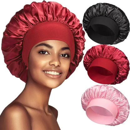 High Elastic Satin Solid Wide-brimmed Sleeping Hat Unisex Head Wrap Elastic Band Cap Hair Care Bonnet Night Sleeping Hat