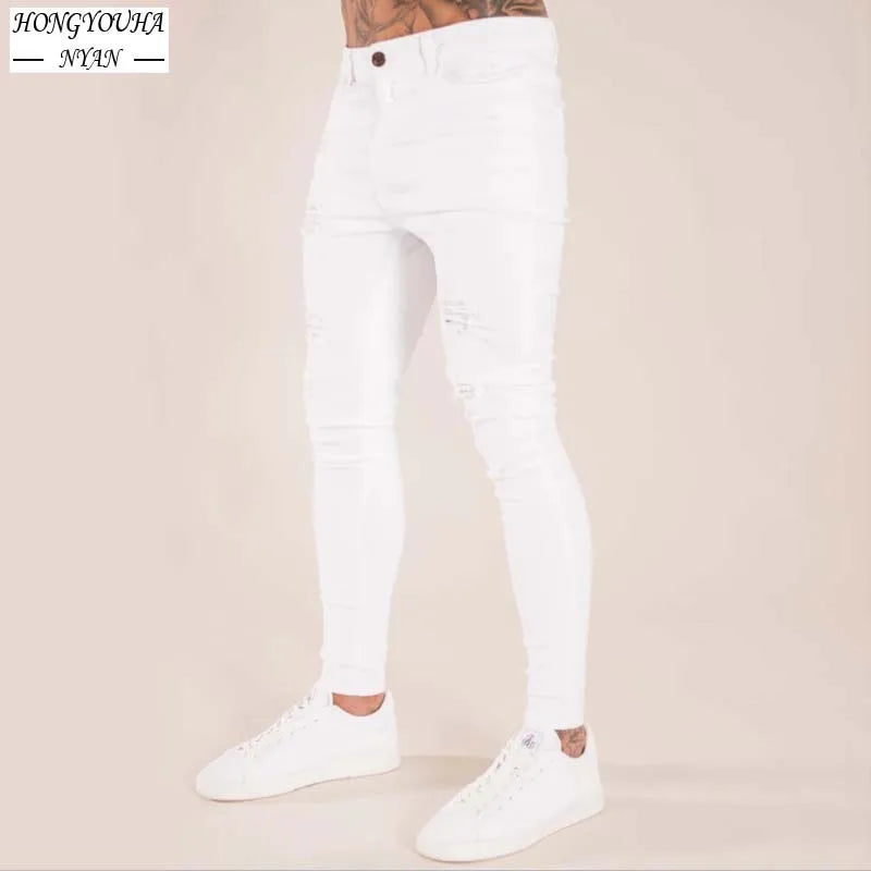 Mens Stretchy Ripped Skinny Embroidered Jeans Men's White Pants Destroyed Hole Slim Fit Denim High Quality Hip Hop Men trousers