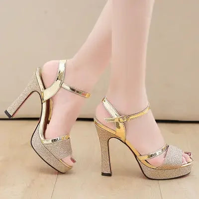 2024 Women Korean Version Waterproof Platform Word Buckle 11.5CM High Heels Summer New Fish Mouth Sexy Sandals Ladies Shoes Gold