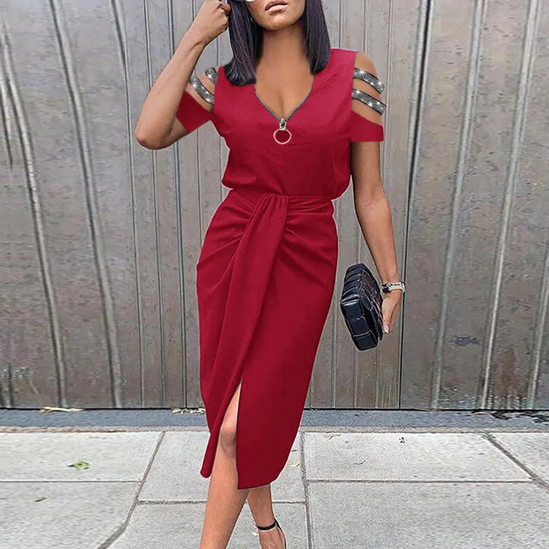 Women Elegant Zipper V Neck Solid Party Dress 2023 Spring Summer Short Hollow Out Sleeve Sexy Draped Dress Female Slim Mid Dress