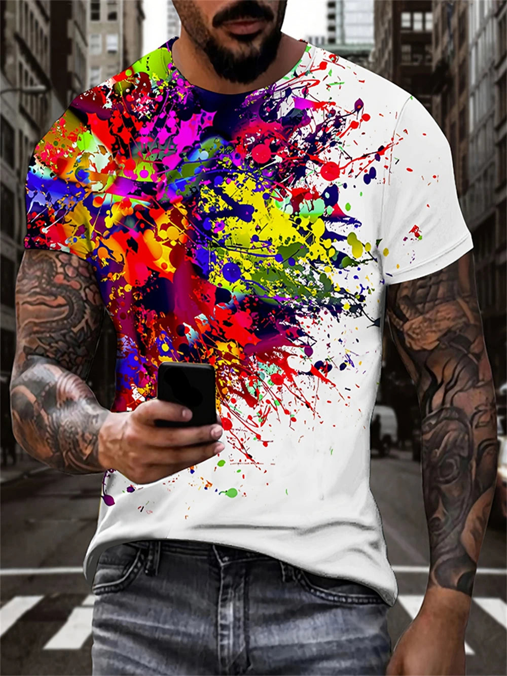 Mens Lion Print Short Sleeve Crew Neck T-Shirt Soft Breathable Casual Wear Outdoor Activities Summer Essential Clothing Tshirts