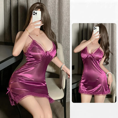 Sexy Lingerie Women Satin Suspender Nightdress Thong Pajama Thin Lace Slit Bow Singlets Dress Teddies Bodysuit Sexy Outfit