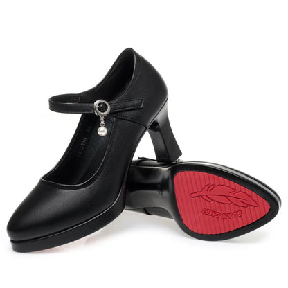 High Heels Comfort Platform Pumps 2024 Spring New Fashion Buckle Solid Black Shoes Woman Soft Leather Waterproof Single Shoes