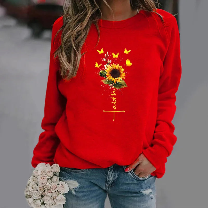 Fashion Sunflower Butterfly Trend Crew-neck Hoodie Autumn Printed Blazer Streetwear Streetwear Women  Sweatshirt Clothes