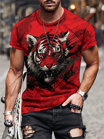 Mens Lion Print Short Sleeve Crew Neck T-Shirt Soft Breathable Casual Wear Outdoor Activities Summer Essential Clothing Tshirts