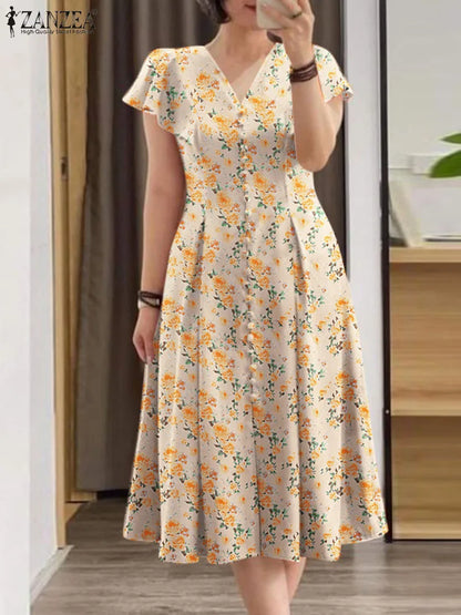 Elegant Floral Dress ZANZEA Women Summer Short Sleeve Party Sundress Robe Femme Causal Holiday Vestidos Bohemain Printed Dresses