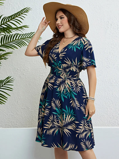 Plus Size Floral Print Wrapped V-Neck Women Dresses Short Ruffle Sleeves A-Line Bohemia Robe Casual Lady Vacation Clothing