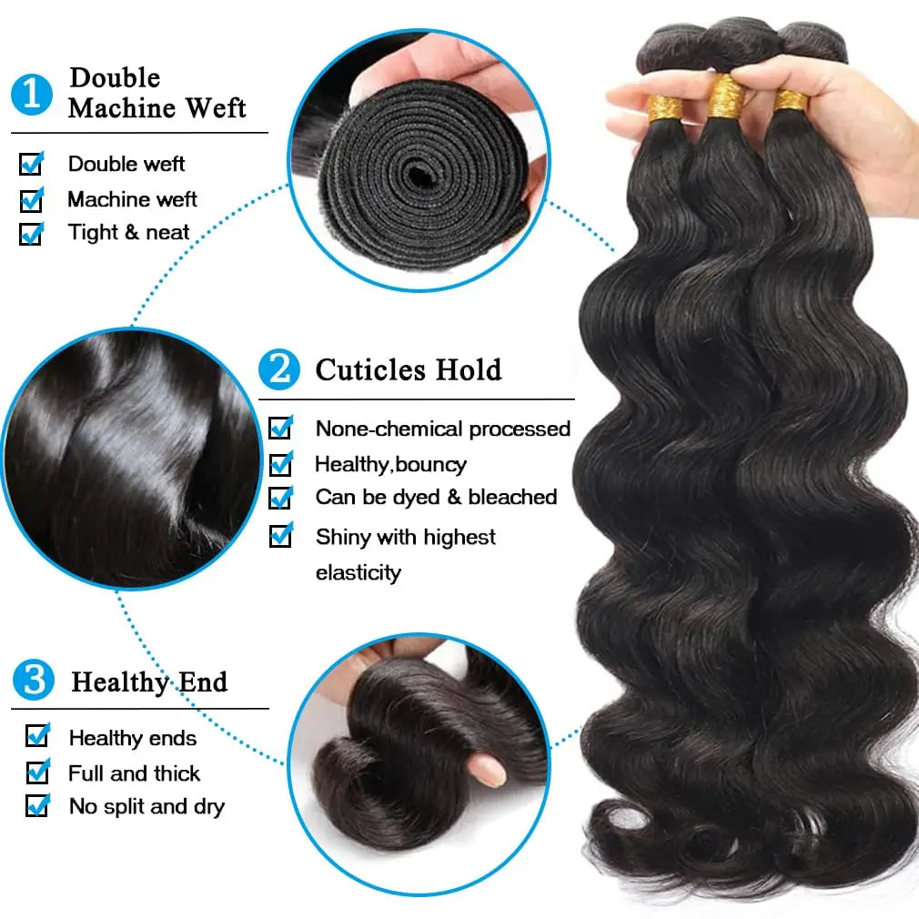 Brazilian Body Wave Bundles with 13x4 Lace Closure Real Human Hair Closure with 3 Bundles Weave Virgin Hair Natural Black Color