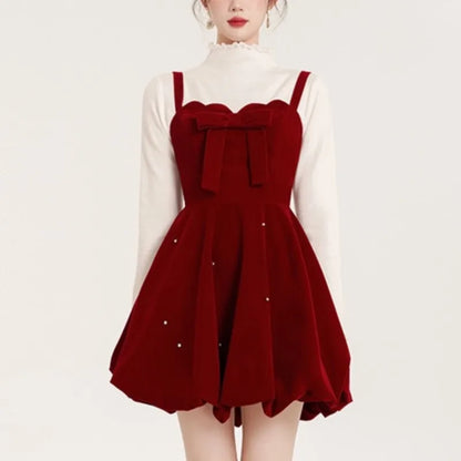 Christmas Two-piece Dress Set Women Solid Sweater A-line Velvet Sleeveless Short Dress Korean Fashion Female Autumn New Outfits