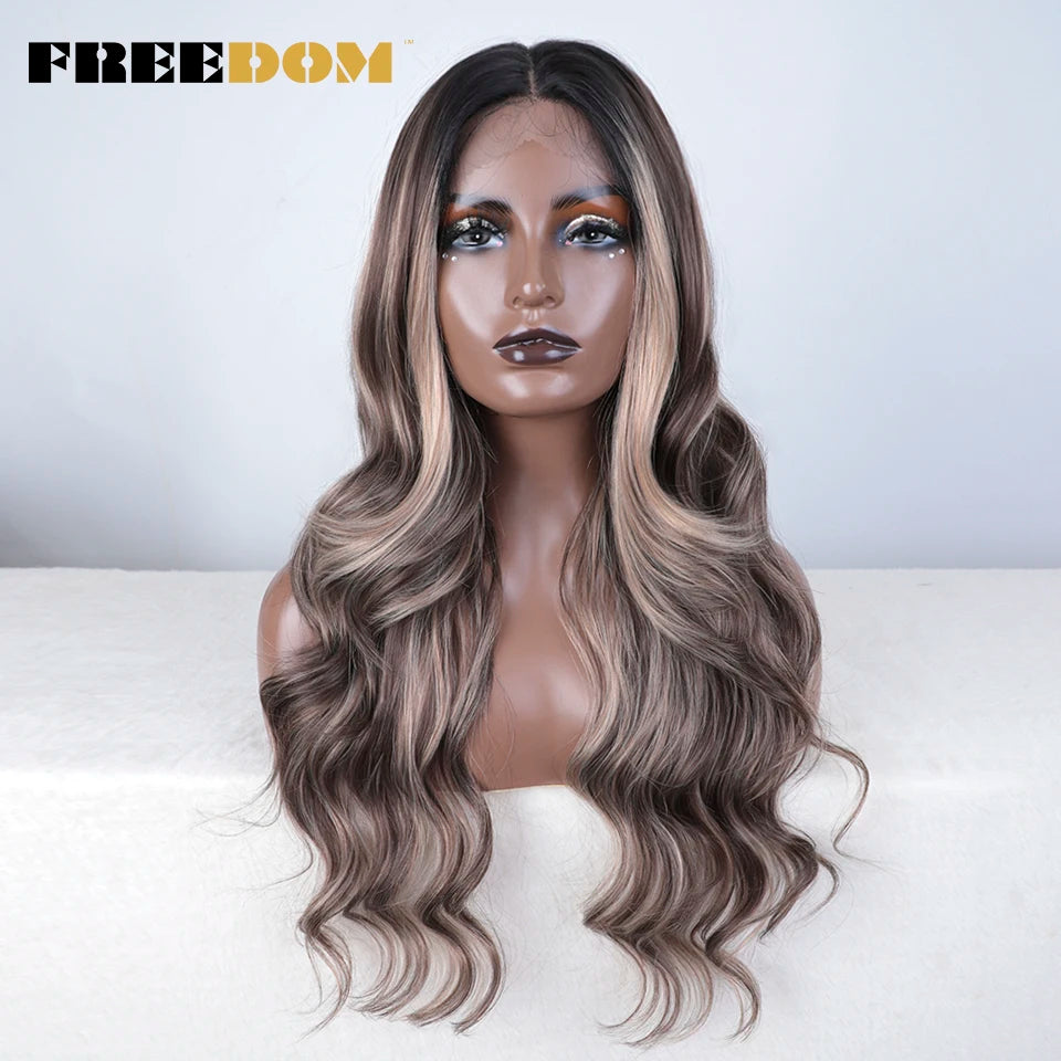 FREEDOM Synthetic Lace Front Wigs For Women  26“ Highlight Honey Brown Body Wave Wig Ombre Blonde Lace Wig Synthetic Cosplay Wig