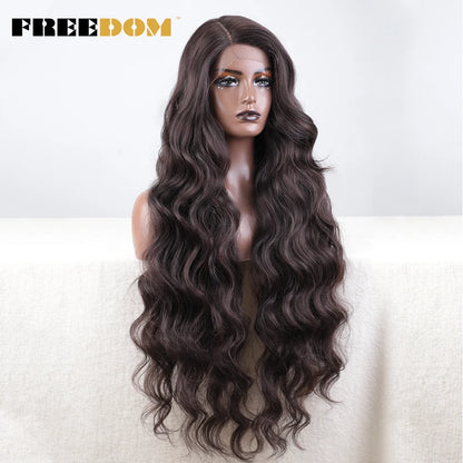 FREEDOM Synthetic Lace Wigs For Black Women Super Long Body Wavy Side Part Lace Wig Brown Ombre Blue Cosplay Wigs Heat Resistant