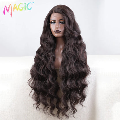 Magic Synthetic Lace Front Wig Long Wavy 36 Inch Cosplay Body Wavy Side Part Lace Wig For Women Lace Front Wig Ombre Blonde  Wig