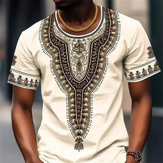 Summer Men's Vintage T-shirt Ethnic Style Printed Top Street Fashion O-Neck Short Sleeve Leisure Holiday Top Plus Size Clothin