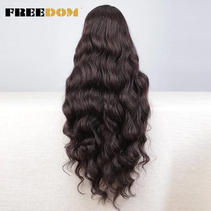 FREEDOM Synthetic Lace Wigs For Black Women Super Long Body Wavy Side Part Lace Wig Brown Ombre Blue Cosplay Wigs Heat Resistant