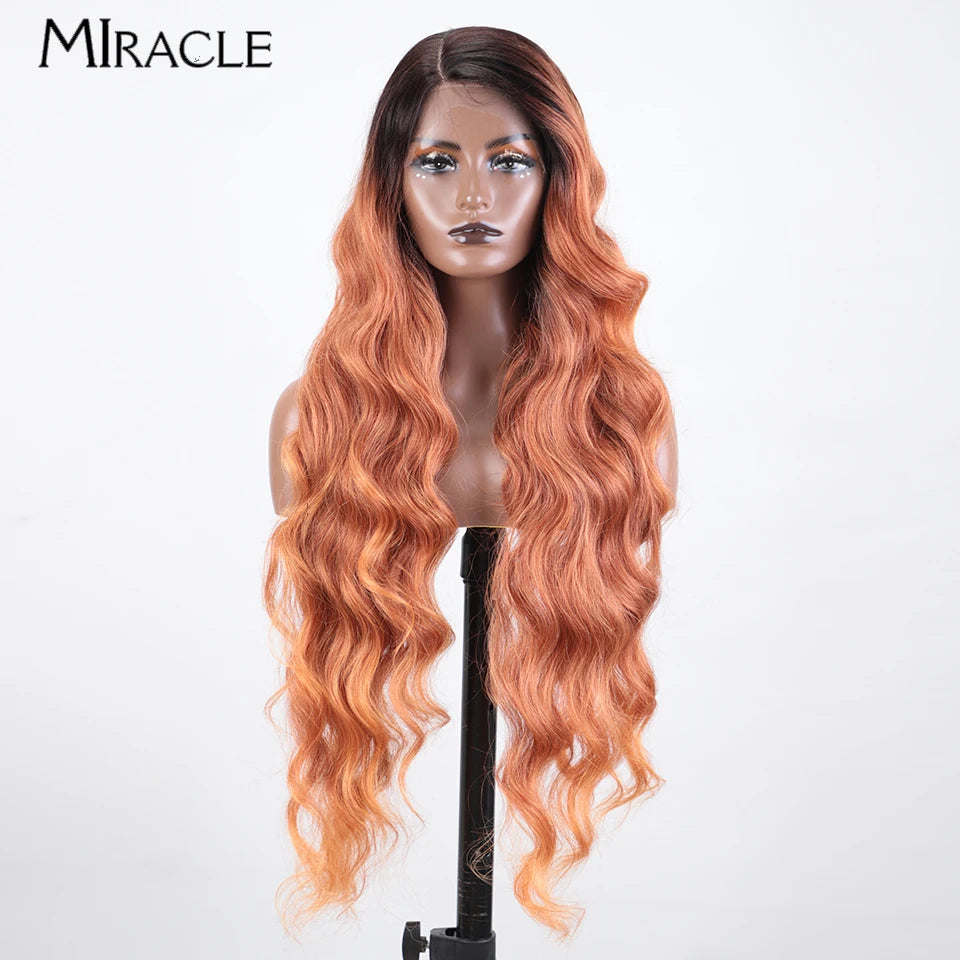 MIRACLE Deep Loose Wave Synthetic Wig for Women 36 Inch Wavy Lace Front Wigs Ginger Blue Blonde Wigs Side Part Cosplay Wig