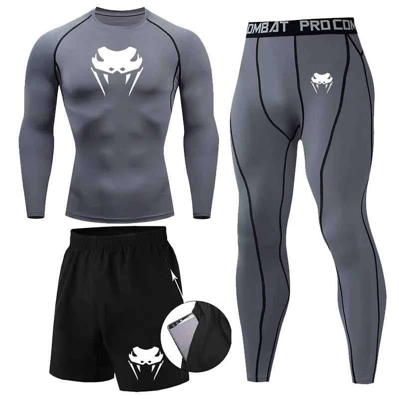 Men Compression Set MMA Long or Short Sleeve T-shirt Men's Tight Pants Fitness Bodybuilding Clothes Rashguard Sports Suits