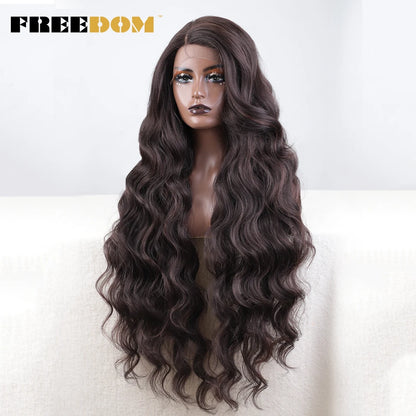 FREEDOM Synthetic Lace Wigs For Black Women Super Long Body Wavy Side Part Lace Wig Brown Ombre Blue Cosplay Wigs Heat Resistant