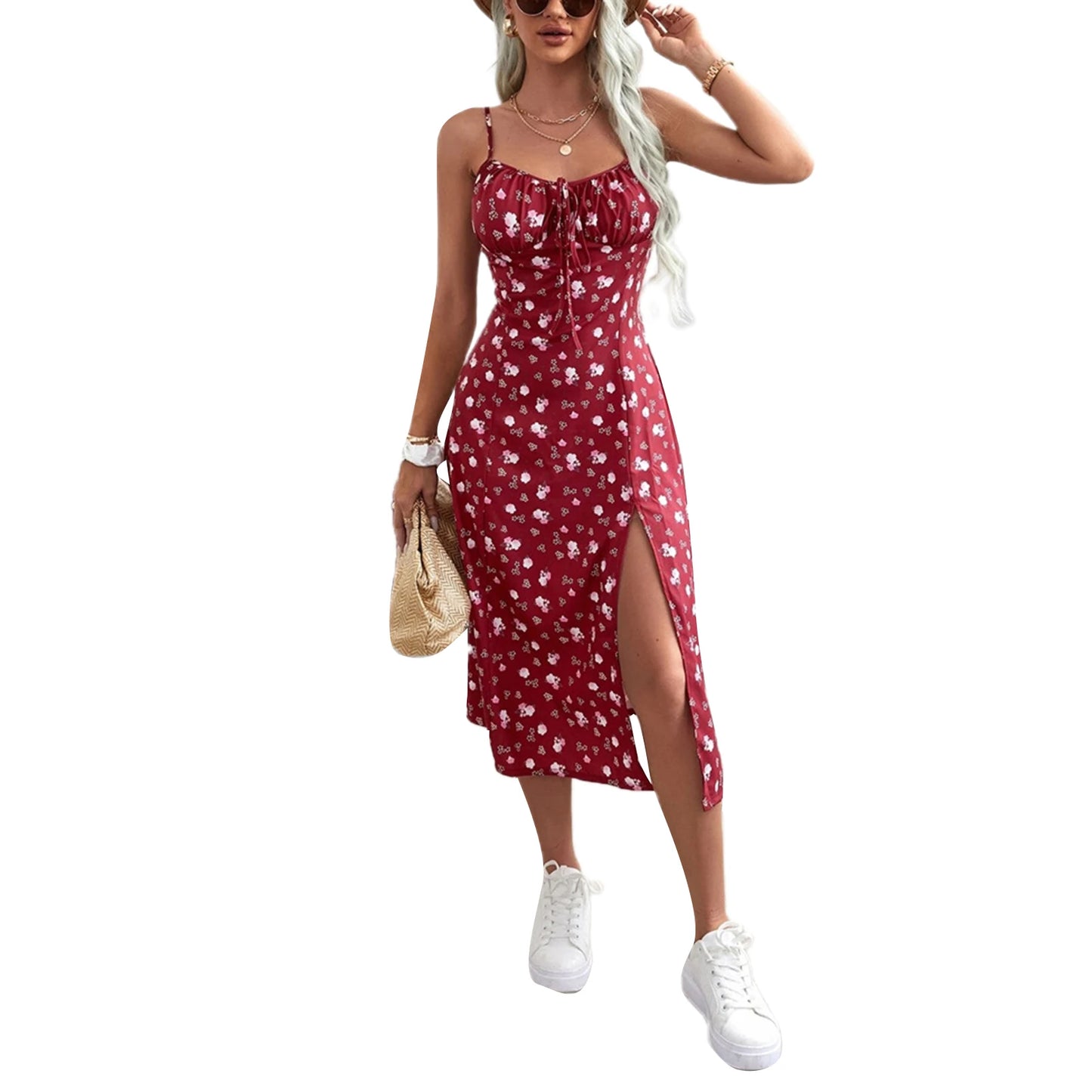 Women's Clothing Summer 2024 Trend Floral Dress, Flower Print Spaghetti Strap Sleeveless  with High Slit for Ladies