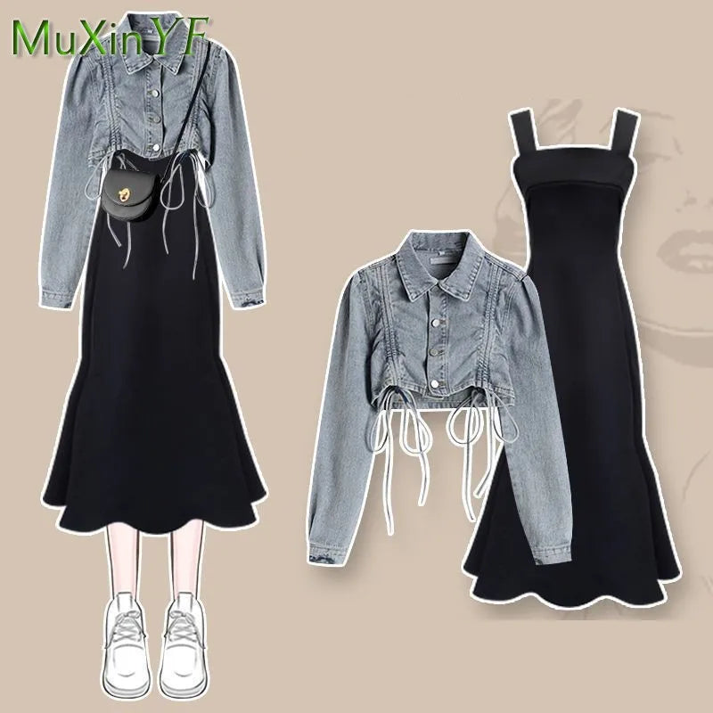 Women's 2024 Autumn/winter New Dress Matching Set Korean Elegant Vintage Short Denim Jacket+irregular Strap Skirt Two-piece Suit