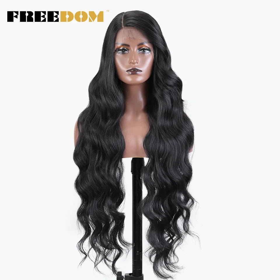 FREEDOM Synthetic Lace Wigs For Black Women Super Long Body Wavy Side Part Lace Wig Brown Ombre Blue Cosplay Wigs Heat Resistant