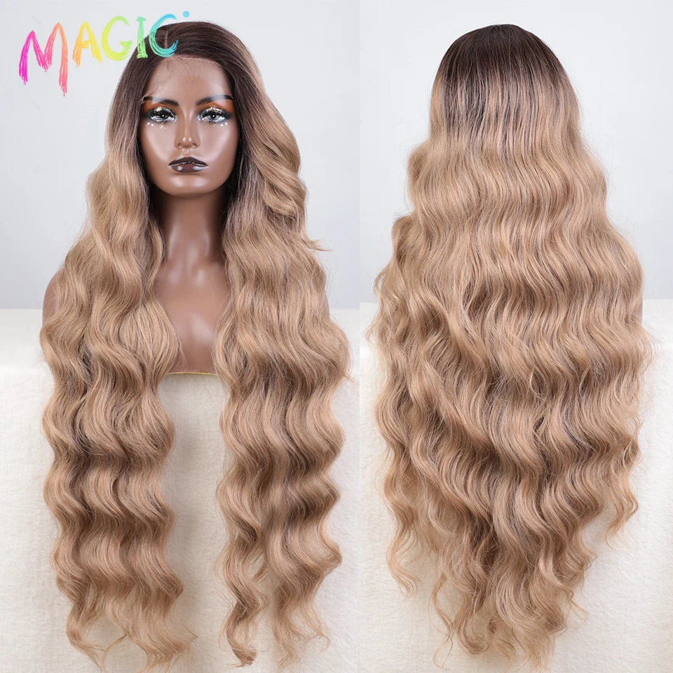 Magic Synthetic Lace Front Wig Long Wavy 36 Inch Cosplay Body Wavy Side Part Lace Wig For Women Lace Front Wig Ombre Blonde  Wig