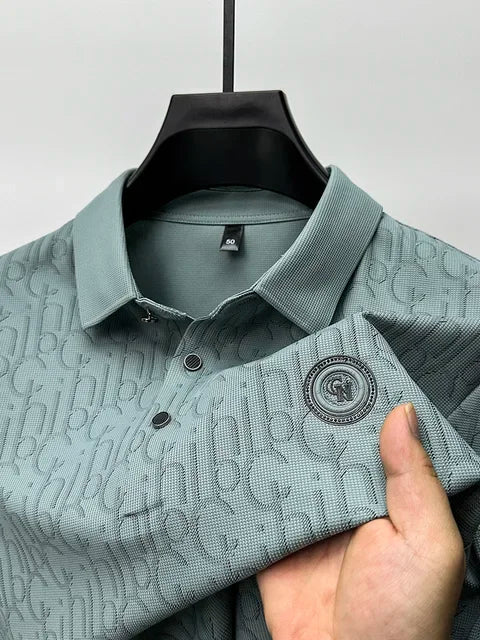 Summer New High-end Silk Short Sleeved Polo Shirt for Men's Luxurious Embossed Casual Fashion Comfortable Breathable Cool Top