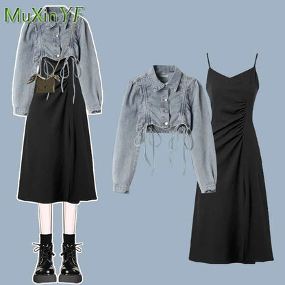 Women's 2024 Autumn/winter New Dress Matching Set Korean Elegant Vintage Short Denim Jacket+irregular Strap Skirt Two-piece Suit