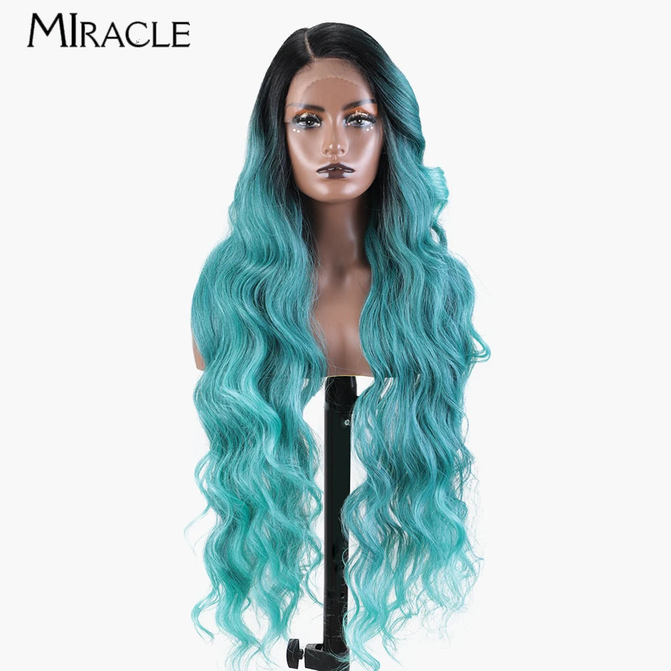 MIRACLE Deep Loose Wave Synthetic Wig for Women 36 Inch Wavy Lace Front Wigs Ginger Blue Blonde Wigs Side Part Cosplay Wig