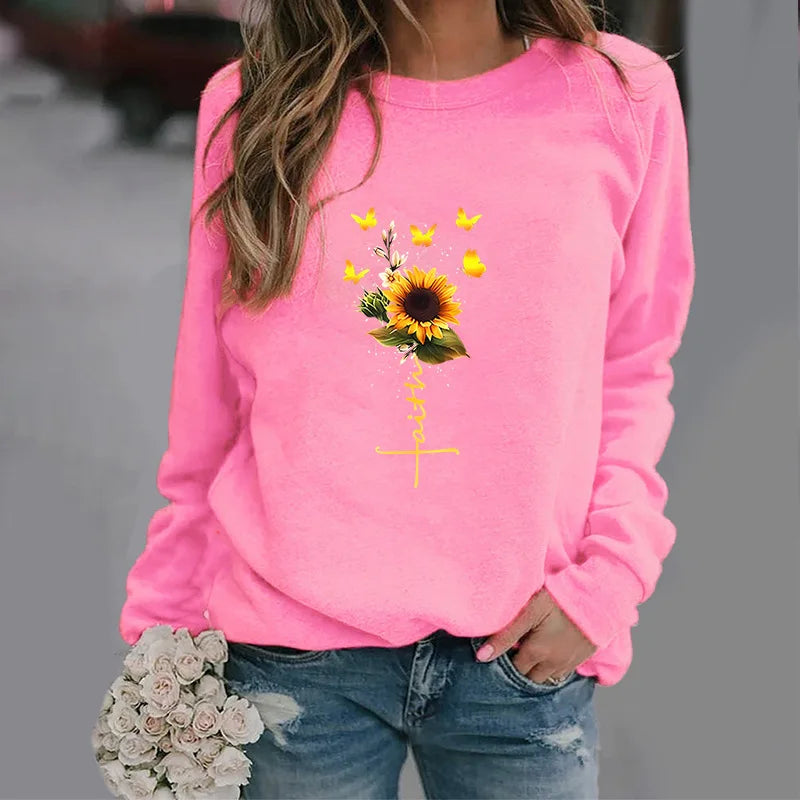 Fashion Sunflower Butterfly Trend Crew-neck Hoodie Autumn Printed Blazer Streetwear Streetwear Women  Sweatshirt Clothes