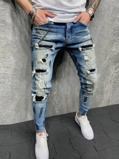 Mens Stretchy Ripped Skinny Embroidered Jeans Men's White Pants Destroyed Hole Slim Fit Denim High Quality Hip Hop Men trousers