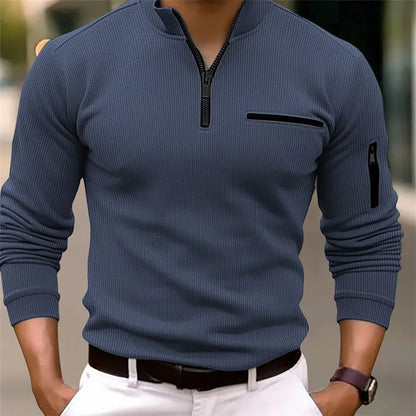 New Light Luxury Light Mature Casual Men Sports Retro Style Striped Zipper Arm Fashion Men Outdoor Long Sleeve POLO Shirt